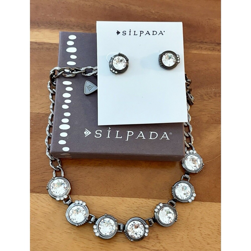 SILPADA “Glamour” Necklace and Earrings - Swarovski Crystal/Brass/Hematite - NWT